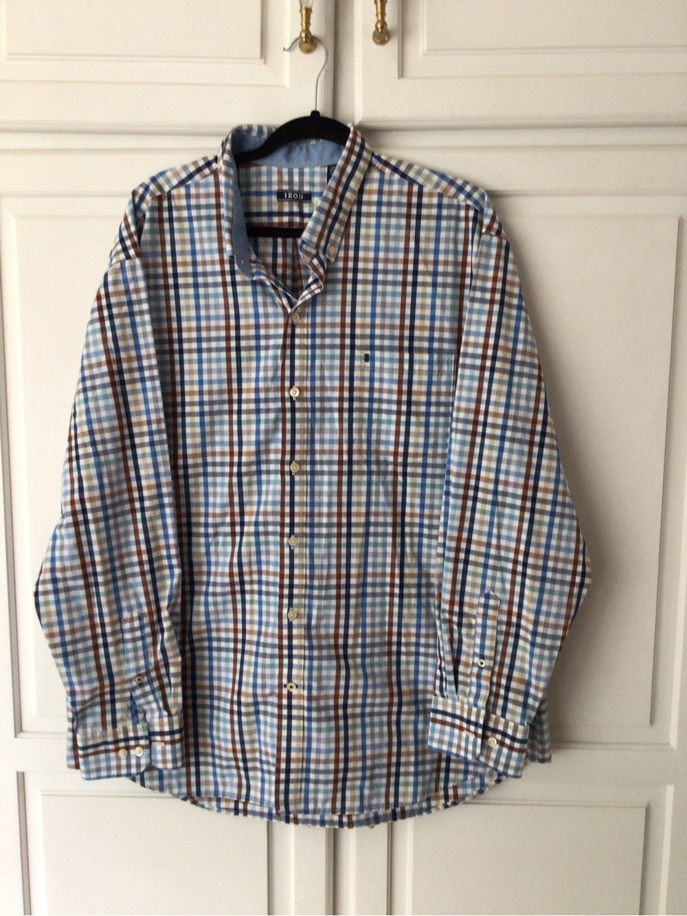 Izod Men’s Plaid Button-Down Shirt in Blue, Brown & White